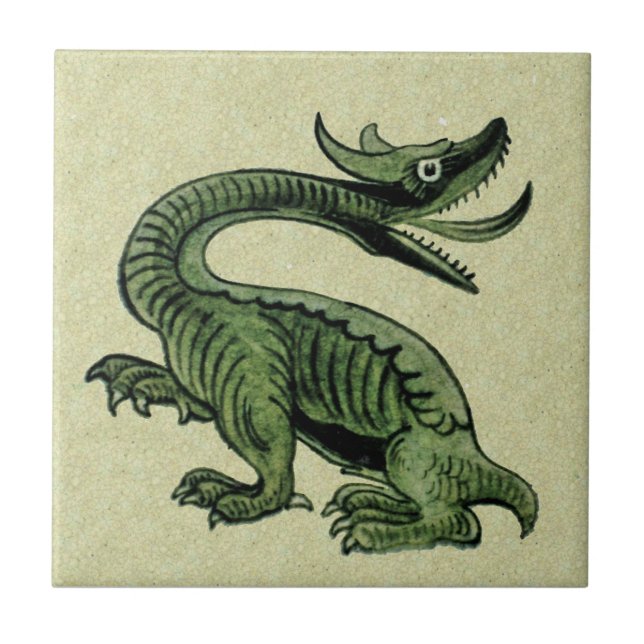 1 of Set of 2 De Morgan Green Dragon Ceramic Tiles (Front)