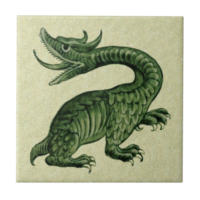 1 of Set of 2 De Morgan Green Dragon Ceramic Tiles (Front)