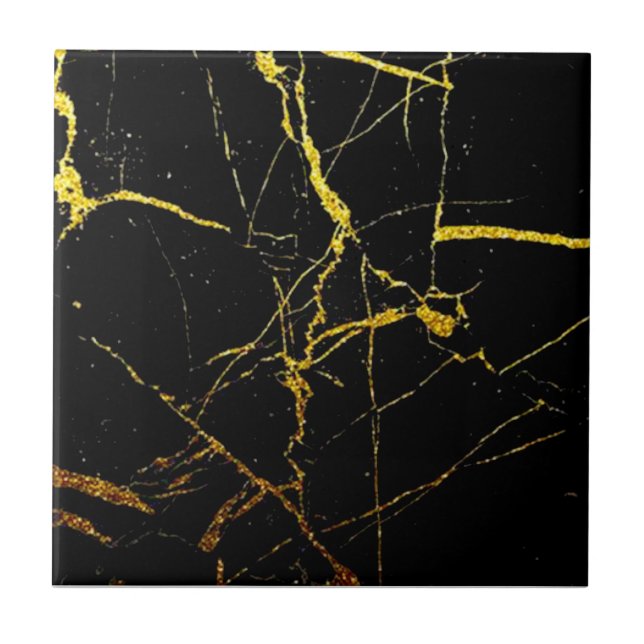 1 of Set of 4 Gold Veined Black Faux Marble Repro Tile (Front)