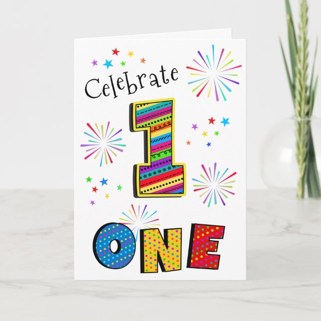1 One First BIG FUN Fireworks Stars Happy Birthday Card (Front)