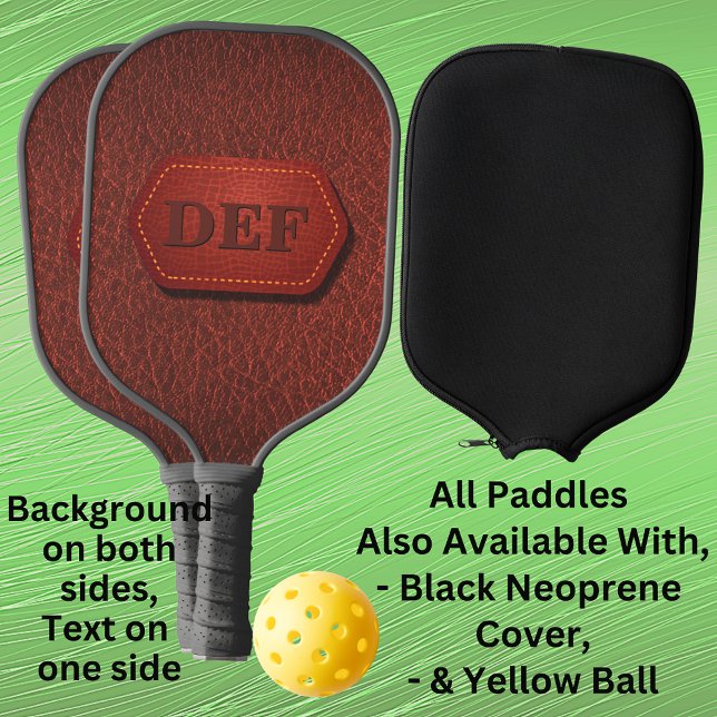 1 or 3  Initials, Leather Look Badge on Dark Red   Pickleball Paddle (Creator Uploaded)