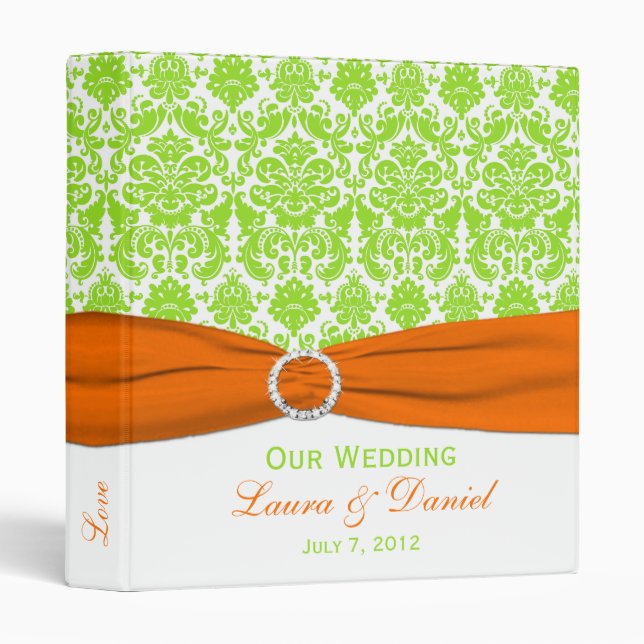 1" Orange, White and Lime Damask Wedding Binder (Front/Spine)