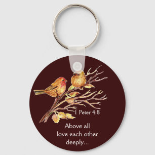 1 Peter 4:8 Love Each Other Deeply Scripture Birds Keychain