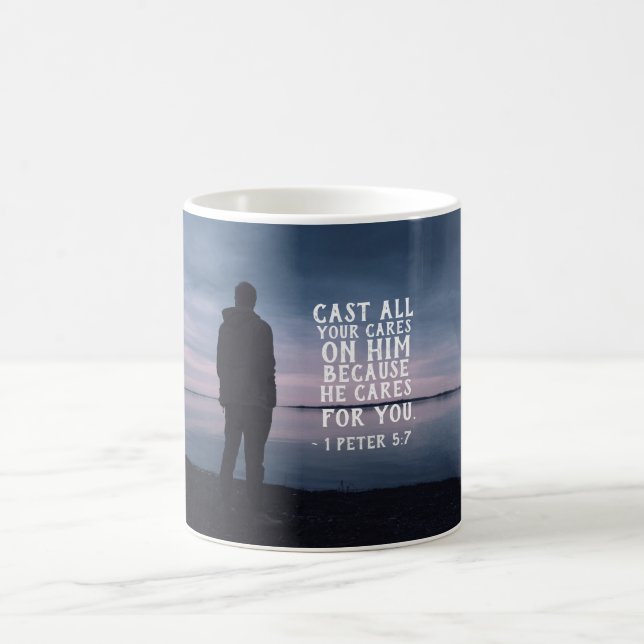 1 Peter 5:7 Cast all you cares on Him Bible Verse Coffee Mug (Center)