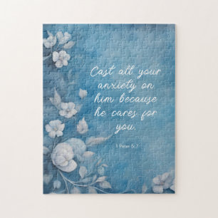 1 Peter 5:7 “Cast All Your Anxiety” Blue Floral Jigsaw Puzzle