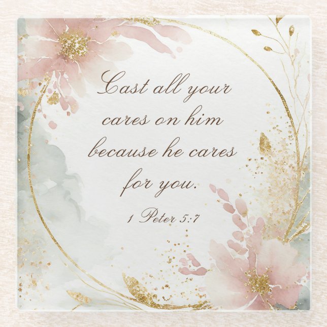 1 Peter 5:7 Cast All Your Cares on Him Bible Verse Glass Coaster (Front)