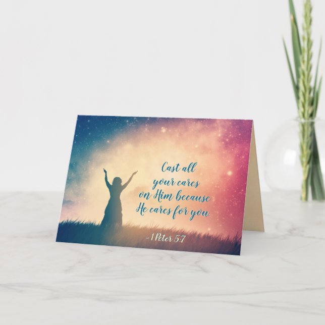 1 Peter 5:7 Cast all your cares on Him, Scripture Card (Front)