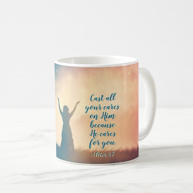 1 Peter 5:7 Cast all your cares on Him, Scripture Coffee Mug (Front Right)