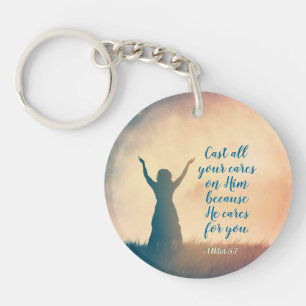 1 Peter 5:7 Cast all your cares on Him, Scripture Keychain