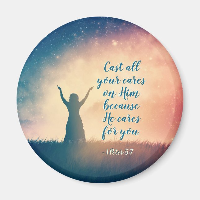 1 Peter 5:7 Cast all your cares on Him, Scripture Magnet (Front)