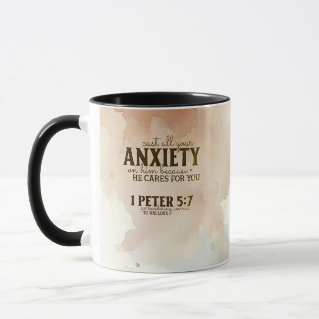 1 Peter 5:7 Cast your anxiety on Him Bible Verse Mug (Left)