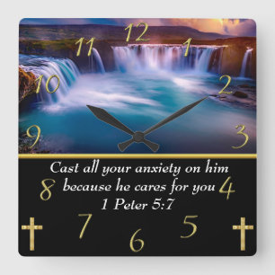 1 Peter 5:7 Christian Faith a waterfall Square Wall Clock