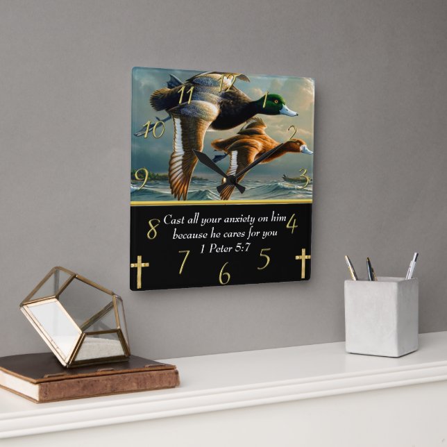 1 Peter 5:7 Christian Faith cross with ducks Square Wall Clock (Office)