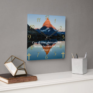 1 Peter 5:7 Christian Faith moutain lake Square Wall Clock