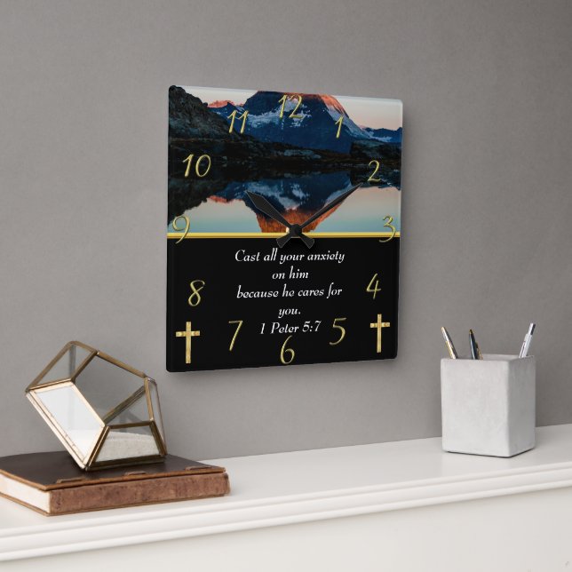1 Peter 5:7 Christian Faith moutain lake Square Wall Clock (Office)