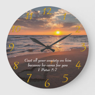 1 Peter 5:7 Christian ocean with a sunset  Large Clock