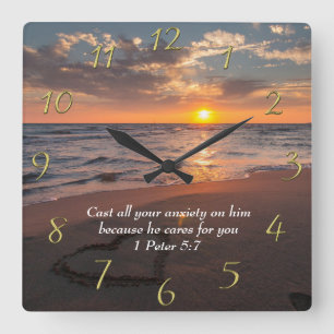 1 Peter 5:7 Christian ocean with a sunset  Square Wall Clock
