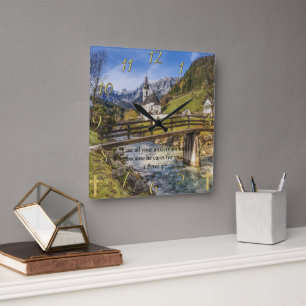 1 Peter 5:7 church near the moutain with river Square Wall Clock
