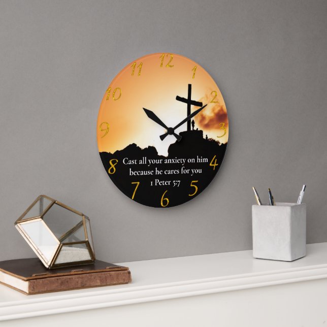 1 Peter 5:7 cross on a mountain  Large Clock (Office)