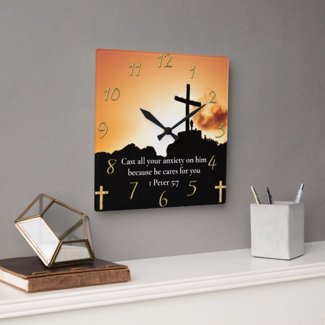1 Peter 5:7 cross on a mountain  Square Wall Clock (Office)