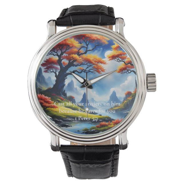 1 Peter 5:7 cross on a mountain  Watch (Front)
