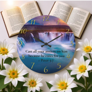 1 Peter 5:7 Gold Christian Faith Prayer Large Clock