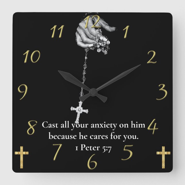 1 Peter 5:7 hand holding cross Square Wall Clock (Front)