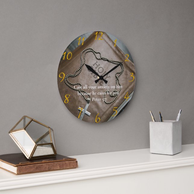 1 Peter 5:7 Holy Bible with cross  Large Clock (Office)