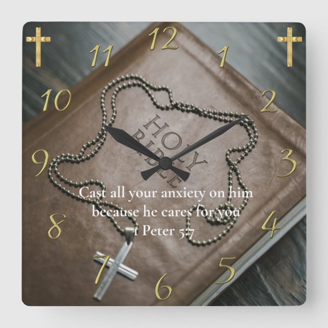 1 Peter 5:7 Holy Bible with cross Square Wall Clock (Front)