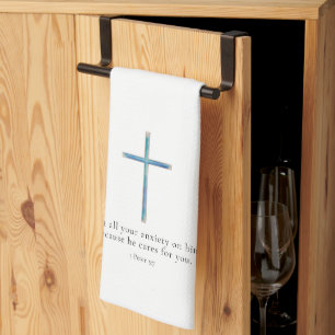 1 Peter 5:7 Minimalist Cross Kitchen Towel