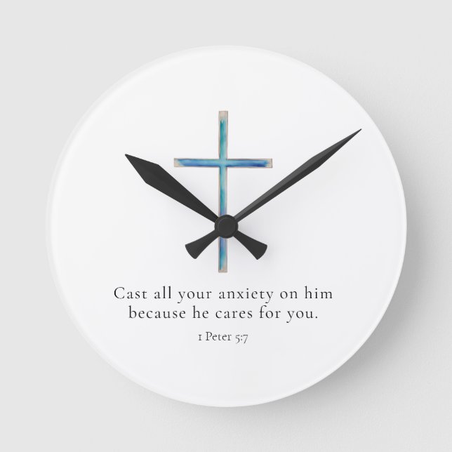 1 Peter 5:7 Minimalist Cross Round Clock (Front)