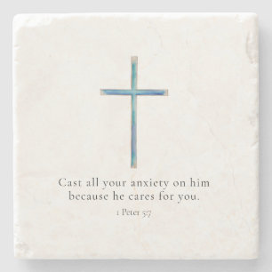 1 Peter 5:7 Minimalist Cross Stone Coaster