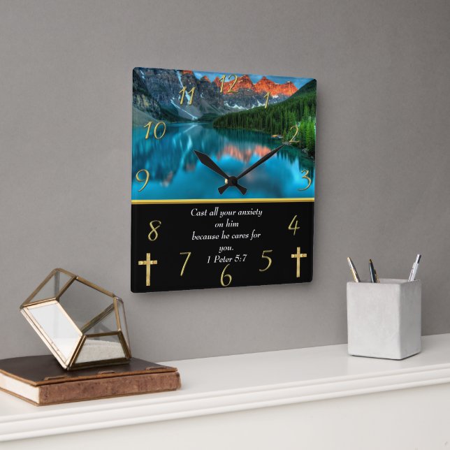 1 Peter 5:7 moutain lake Square Wall Clock (Office)