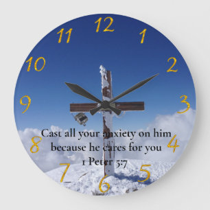 1 Peter 5:7 moutain peak cross Large Clock