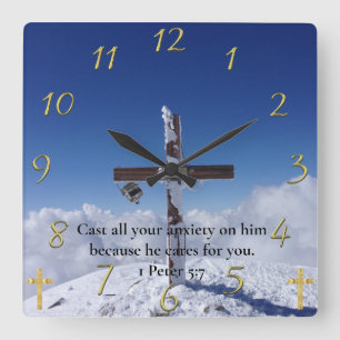 1 Peter 5:7 moutain peak cross Square Wall Clock
