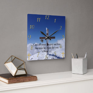 1 Peter 5:7 moutain peak cross Square Wall Clock
