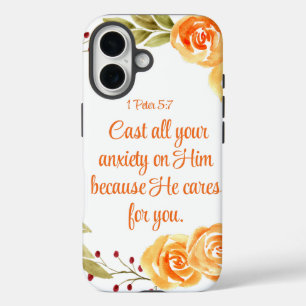 1 Peter 5:7 Orange Floral Bible Scripture iPhone 16 Case