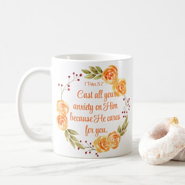 1 Peter 5:7 Orange Floral Bible Scripture Coffee Mug (With Donut)