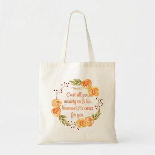 1 Peter 5:7 Orange Floral Bible Scripture Tote Bag