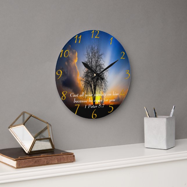 1 Peter 5:7 tree in a field with blue sky  Large Clock (Office)