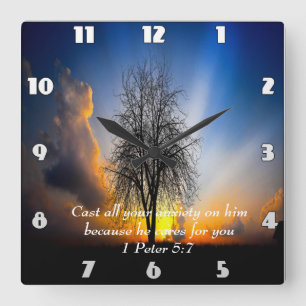 1 Peter 5:7 tree in a field with blue sky Square Wall Clock