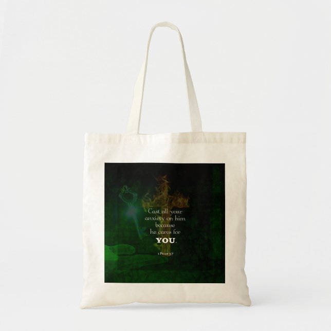 1 Peter 5:7 Uplifting Bible Verses Quote Tote Bag (Front)