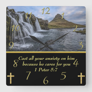 1 Peter 5:7 waterfalls in valley Square Wall Clock