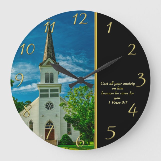 1 Peter 5:7 White Church   Large Clock (Front)