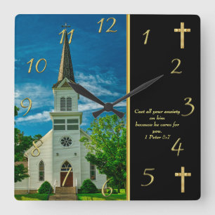1 Peter 5:7 White Church  Square Wall Clock