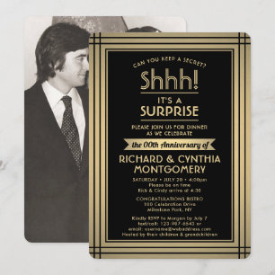 1 Photo Anniversary Surprise Party Black and Gold Invitation