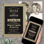 1 Photo Anniversary Surprise Party Black and Gold Save The Date<br><div class="desc">Can you keep a secret? Invite family and friends to an elegant and exciting surprise anniversary party with custom photo black and gold save the date invitations. Picture and all wording on this template are simple to personalize, including message that reads "Shhh! It's a SURPRISE." The design features a modern...</div>