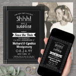 1 Photo Anniversary Surprise Party Black and White Save The Date<br><div class="desc">Can you keep a secret? Invite family and friends to an elegant and exciting surprise anniversary party with custom photo black and white save the date invitations. Picture and all wording on this template are simple to personalize, including message that reads "Shhh! It's a SURPRISE." The design features one photo...</div>