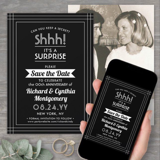 1 Photo Anniversary Surprise Party Black and White Save The Date (Creator Uploaded)