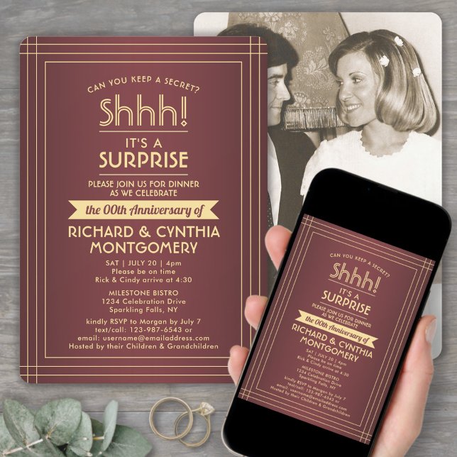 1 Photo Anniversary Surprise Party Burgundy & Gold Invitation (Creator Uploaded)